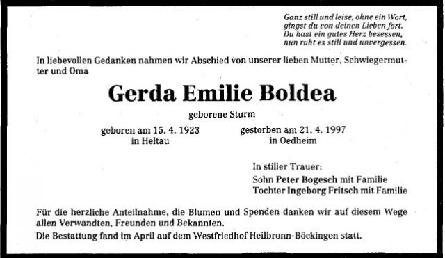 Sturm Gerda Emilie 1923-1997 Todesanzeige